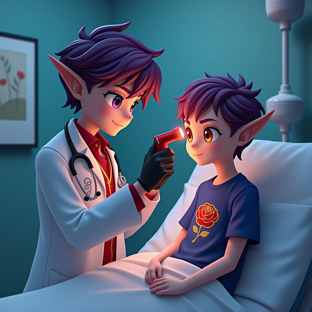  kawaii style a young dark elf doctor in a hospital room, holding a small red pocket flashlight in his left hand in a black glove, began to check the eyesight of his younger brother, a dark elf with cherry hair and amber eyes, who was sitting opposite on a hospital bed in a blue t shirt. the shirt. the shirt. the shirt. the shirt. with a pattern in the form of a golden rose with a scarlet bud. appearance of the doctor: a young dark elf with marble white skin, purple hair with a scarlet tint, pointed tips of ears, lavender eyes with a red tint, dressed in a red purple shirt embroidered with red gold, embroidery is made in the style of zippers and plant stems, tight fitting a tight fitting white medical coat is worn over the  hyperrealistic, full body, detailed clothing, highly detailed, cinematic lighting, stunningly beautiful, intricate, sharp focus, f/1. 8, 85mm, (centered image composition), (professionally color graded), ((bright soft diffused light)), volumetric fog, trending on instagram, trending on tumblr, HDR 4K, 8K