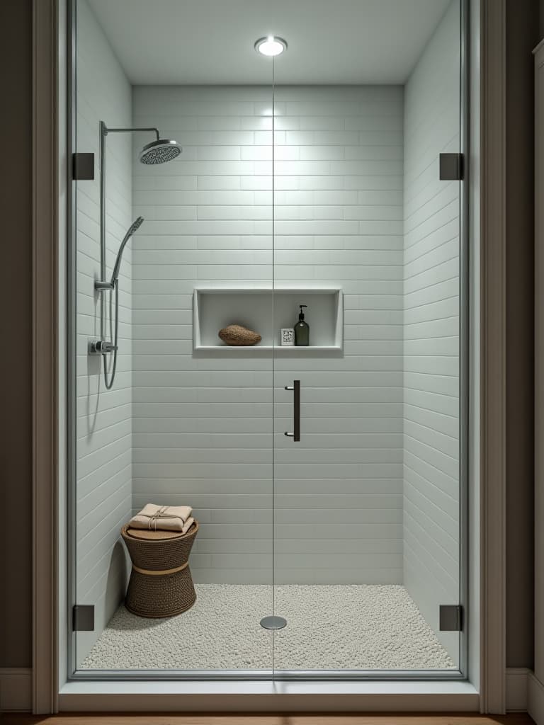  high quality portrait photo of a walk in shower with glass doors, featuring a pebble floor, white subway tile walls, and a rainfall showerhead, accented with a driftwood shelf holding coastal decor hyperrealistic, full body, detailed clothing, highly detailed, cinematic lighting, stunningly beautiful, intricate, sharp focus, f/1. 8, 85mm, (centered image composition), (professionally color graded), ((bright soft diffused light)), volumetric fog, trending on instagram, trending on tumblr, HDR 4K, 8K