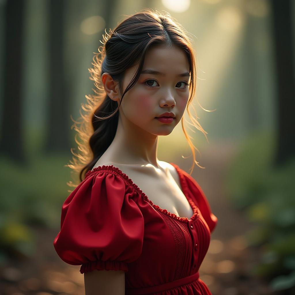  the girl in the red dress is very cute to me. hyperrealistic, full body, detailed clothing, highly detailed, cinematic lighting, stunningly beautiful, intricate, sharp focus, f/1. 8, 85mm, (centered image composition), (professionally color graded), ((bright soft diffused light)), volumetric fog, trending on instagram, trending on tumblr, HDR 4K, 8K