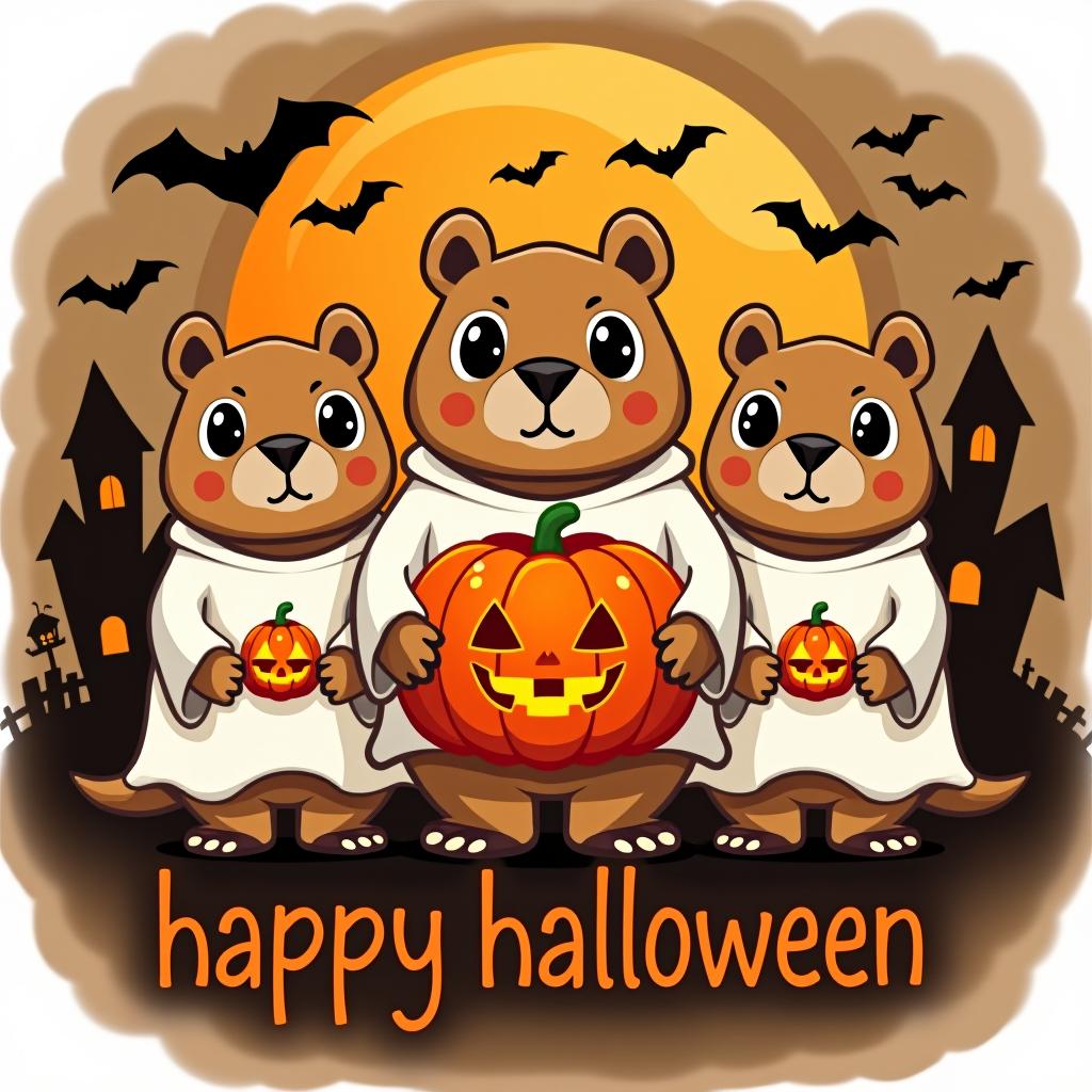  three capybaras wearing ghost shirts in a spooky halloween scene. each capybara has big black eyes. the middle capybara holds a large carved pumpkin, and the other two hold smaller carved pumpkins. the background features a large orange moon with black silhouettes of bats, haunted houses, and trees. below the capybaras, the word 'happy halloween' is written in a bold, stylized font. the overall style is fun and cartoonish with a glossy finish.