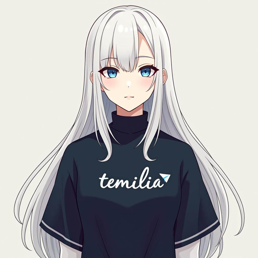  create an image of a character inspired by emilia from re:zero, featuring long white hair and an elegant appearance. the character should be wearing a shirt with the telegram logo, embodying peace and serenity. the design should be simple with a minimalistic background, and include the name 'emilia' in a stylish font