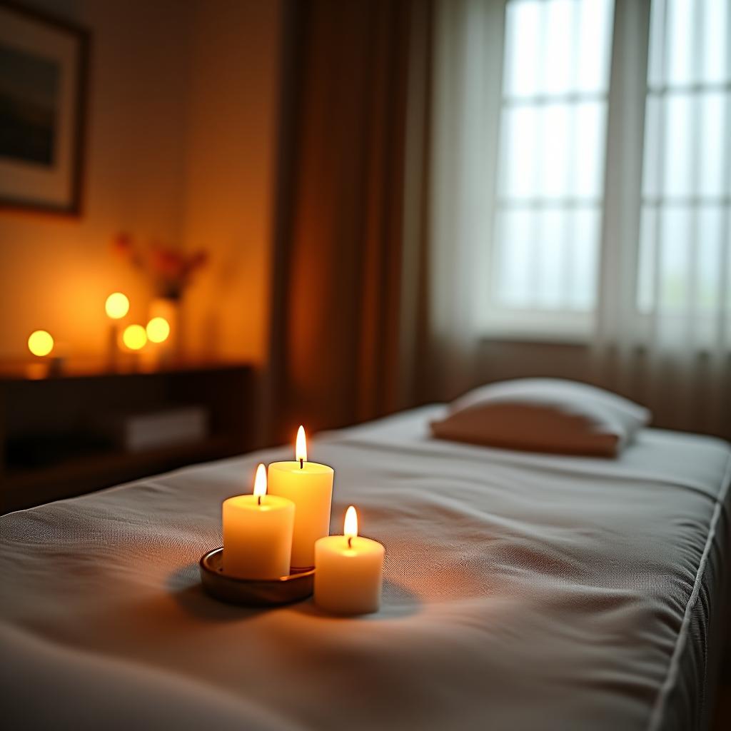  massage therapist's room, table with lit scented candles.