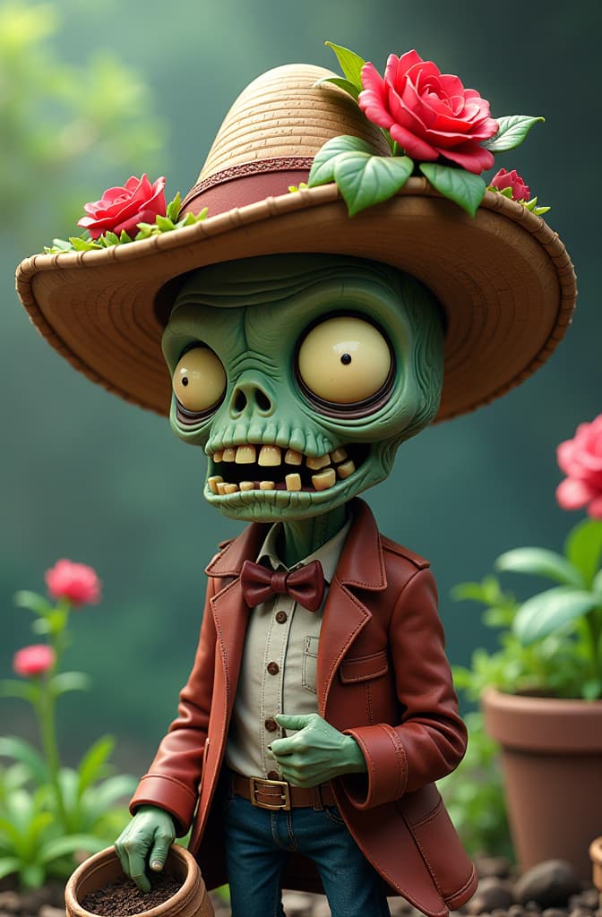  crea un sombrero loco de la con temática del juego plantas vs zombies, pero solo incluye las plantas del juego, incorpora algunas rosas rojas y la planta carnívora comiendo la cabeza de un zombie. podría ser: en el borde del sombrero lleno de "rosas" más las tumbas en el centro sería simulando la casita y arriba (el techo) estarían las plantas hyperrealistic, full body, detailed clothing, highly detailed, cinematic lighting, stunningly beautiful, intricate, sharp focus, f/1. 8, 85mm, (centered image composition), (professionally color graded), ((bright soft diffused light)), volumetric fog, trending on instagram, trending on tumblr, HDR 4K, 8K