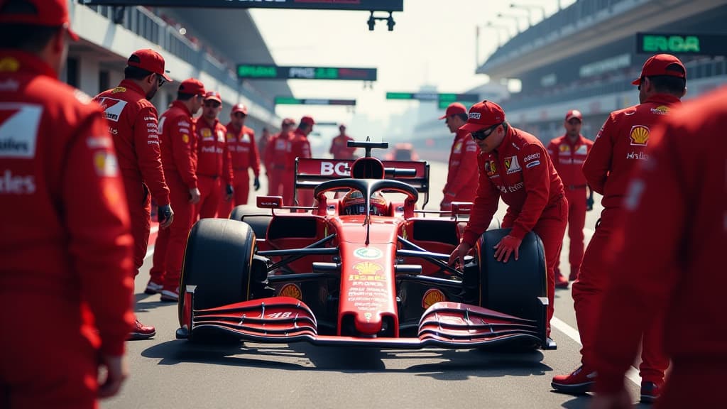  prompt: create a highly detailed and dramatic image capturing the pivotal pit stop phase that led to charles leclerc losing the victory in baku. show leclerc in his racing suit, surrounded by his team in the bustling pit lane. illustrate the tense atmosphere with mechanics frantically working on the car, emphasizing the moment of the technical issue. include the ferrari logo prominently displayed on the car and team gear. use lighting to enhance the sense of urgency and disappointment on leclerc