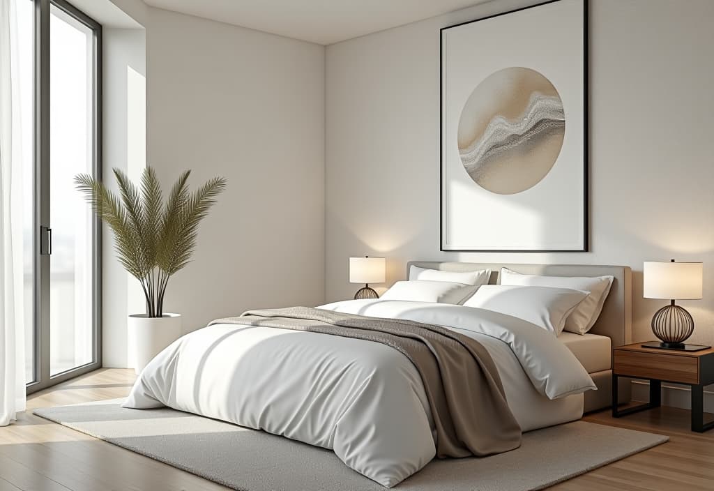  a landscape photo of a minimalist bedroom with crisp white bedding, a textured accent wall, and a single oversized piece of abstract art, showcasing affordable luxury hyperrealistic, full body, detailed clothing, highly detailed, cinematic lighting, stunningly beautiful, intricate, sharp focus, f/1. 8, 85mm, (centered image composition), (professionally color graded), ((bright soft diffused light)), volumetric fog, trending on instagram, trending on tumblr, HDR 4K, 8K