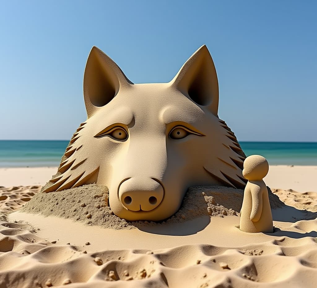  a large sand sculpture of a wolf's head on a beach, with a small figure