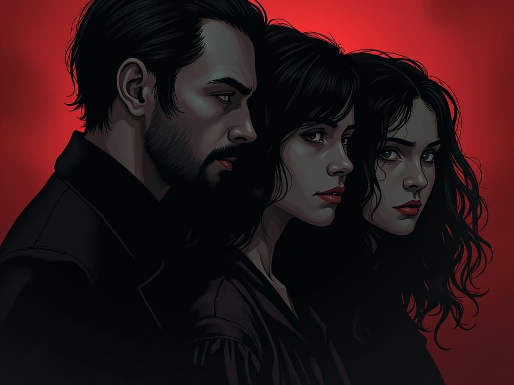  faded family portrait, faces obscured by shadows, atmosphere of lingering conflict. the style is digital art illustration / modern comic book / graphic dark novel fantasy and mysterious occult, symbolic, moody lighting, esoteric vibe,high detail on character design. for the color scheme emphasize blacks and reds.