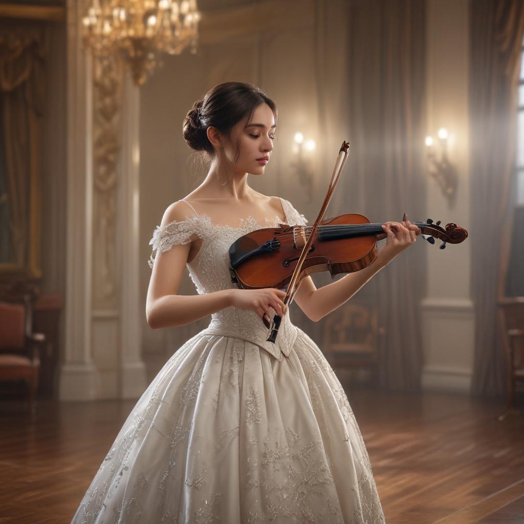 ((masterpiece)),(((best quality))), 8k, high detailed, ultra detailed, Aya Azusa, a girl playing the violin, elegant dress, (ornate violin), classical music, (grand concert hall), spotlight hyperrealistic, full body, detailed clothing, highly detailed, cinematic lighting, stunningly beautiful, intricate, sharp focus, f/1. 8, 85mm, (centered image composition), (professionally color graded), ((bright soft diffused light)), volumetric fog, trending on instagram, trending on tumblr, HDR 4K, 8K