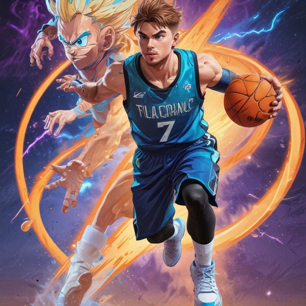 distance-shot, flashy, full-body, dynamic, holographic, animated cartoon poster of luka doncic in the style of dragon ball super