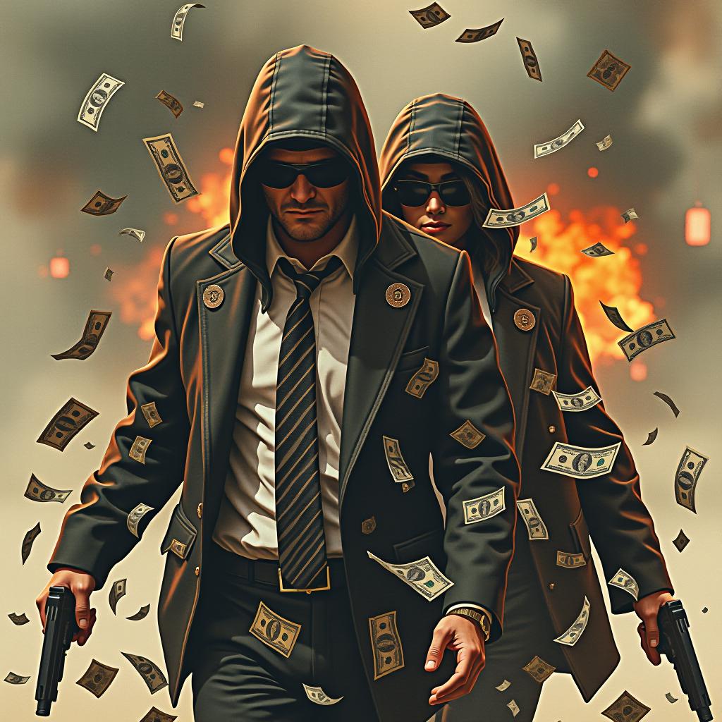  collage style robberies, two men and one woman, after bank robbery, go away from chase, shooting, rifles flying money, police, chase, . mixed media, layered, textural, detailed, artistic hyperrealistic, full body, detailed clothing, highly detailed, cinematic lighting, stunningly beautiful, intricate, sharp focus, f/1. 8, 85mm, (centered image composition), (professionally color graded), ((bright soft diffused light)), volumetric fog, trending on instagram, trending on tumblr, HDR 4K, 8K