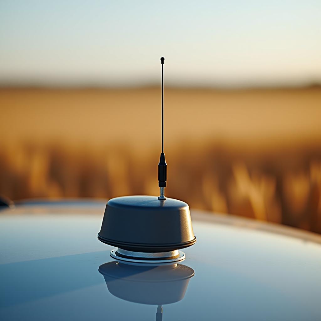  gnss antenna on the car hood in a wheat field.