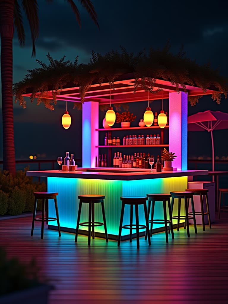  high quality portrait photo of a nighttime scene of an outdoor kitchen bar area with color changing led lights installed in the base, creating a vibrant and festive atmosphere hyperrealistic, full body, detailed clothing, highly detailed, cinematic lighting, stunningly beautiful, intricate, sharp focus, f/1. 8, 85mm, (centered image composition), (professionally color graded), ((bright soft diffused light)), volumetric fog, trending on instagram, trending on tumblr, HDR 4K, 8K