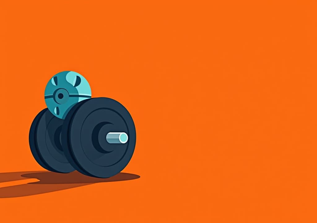  gym dumbbell illustration on orange background, copy space. fitness sport workout training or exercise equipment, bodybuilding and weightlifting, muscle power and strength, healthy active lifestyle