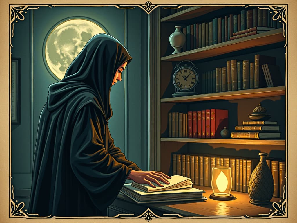  a figure arranging books on a shelf, light glowing around peaceful items, sense of control and purpose, atmosphere of empowerment. an illustration in the style of a worn, mystical old tarot trump card, mysterious and elements of surrealism. the colors are muted, somber and eerie, but with contrast bring out an occult and esoteric vibe.