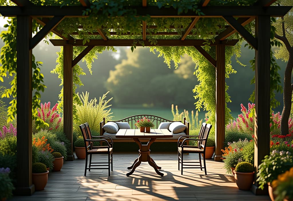  a landscape photo of a rustic chic patio with a pergola covered in climbing vines, farmhouse style dining table, and a vintage iron daybed, surrounded by wildflower gardens hyperrealistic, full body, detailed clothing, highly detailed, cinematic lighting, stunningly beautiful, intricate, sharp focus, f/1. 8, 85mm, (centered image composition), (professionally color graded), ((bright soft diffused light)), volumetric fog, trending on instagram, trending on tumblr, HDR 4K, 8K