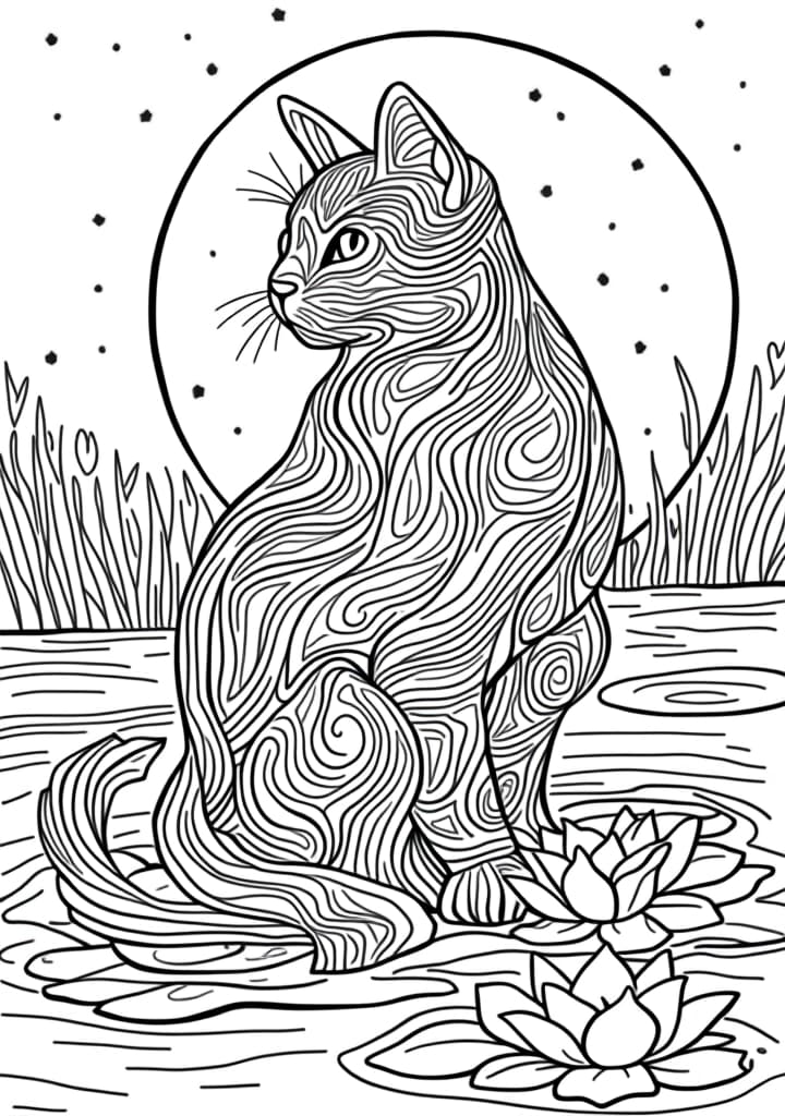  you're a coloring book bot. your job is to make delightful elementary appropriate coloring book pages. a coloring book page is as follows: black and white outlines, low complexity. very simplistic, easy for s to color in. always appropriate, whimsical themes, white background, (no colour)++, (no shading)++, black lines, an elemental cat with a body composed of swirling water, dancing gracefully in a moonlit pond surrounded by lily pads. add a small star shape outline to the background. blend it into the picture. make it challenging for a to find. the image should be a high contrast, black and white line drawing on a blank white background, with no shadows or borders, and should utilise the entire space without leav hyperrealistic, full body, detailed clothing, highly detailed, cinematic lighting, stunningly beautiful, intricate, sharp focus, f/1. 8, 85mm, (centered image composition), (professionally color graded), ((bright soft diffused light)), volumetric fog, trending on instagram, trending on tumblr, HDR 4K, 8K