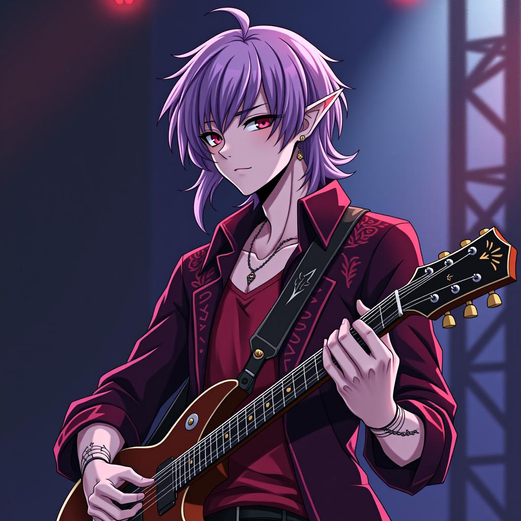  manga style a rock singer, a young man a dark elf performs on stage with a guitar in his hands. the appearance of the older brother: a dark elf is a young man with marble white skin, purple hair with a scarlet tint, pointed tips of ears, lavender eyes with a red tint, dressed in a red purple shirt embroidered with red gold, embroidery on the shirt is made in the form of plant stems, dressed in a dark scarlet semi jacket over shirts, a hairstyle in the style of disheveled hair. an earring in the right ear in the shape of a crescent with teeth inside. the tattoo in the form of a crescent with a jagged inner side is applied from the left temple to the left cheekbone, skirting the left eye socket, the crescent moon faces the eye with a jag