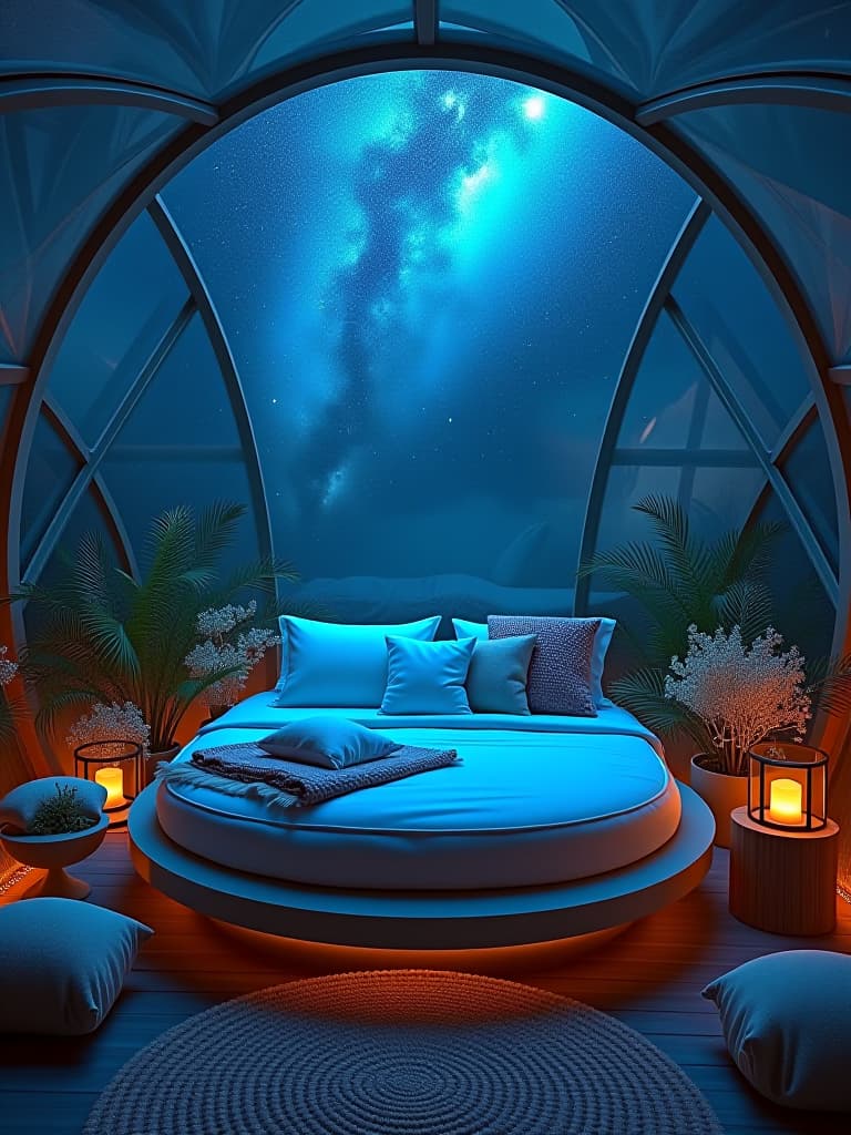  high quality portrait photo of an ethereal bedroom with a transparent dome ceiling revealing the milky way, featuring a circular water bed surrounded by bioluminescent plants hyperrealistic, full body, detailed clothing, highly detailed, cinematic lighting, stunningly beautiful, intricate, sharp focus, f/1. 8, 85mm, (centered image composition), (professionally color graded), ((bright soft diffused light)), volumetric fog, trending on instagram, trending on tumblr, HDR 4K, 8K