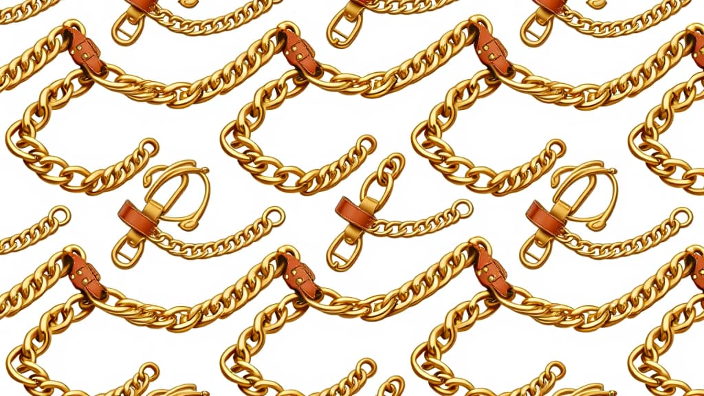  a golden chain pattern with leather belts on a white background, perfect for textile or wallpaper