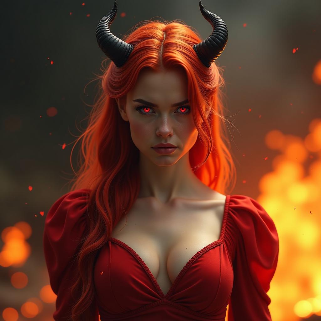  create an avatar of an angry, disappointed woman with red hair, horns, and red eyes, wearing a red dress against a background of fire. hyperrealistic, full body, detailed clothing, highly detailed, cinematic lighting, stunningly beautiful, intricate, sharp focus, f/1. 8, 85mm, (centered image composition), (professionally color graded), ((bright soft diffused light)), volumetric fog, trending on instagram, trending on tumblr, HDR 4K, 8K