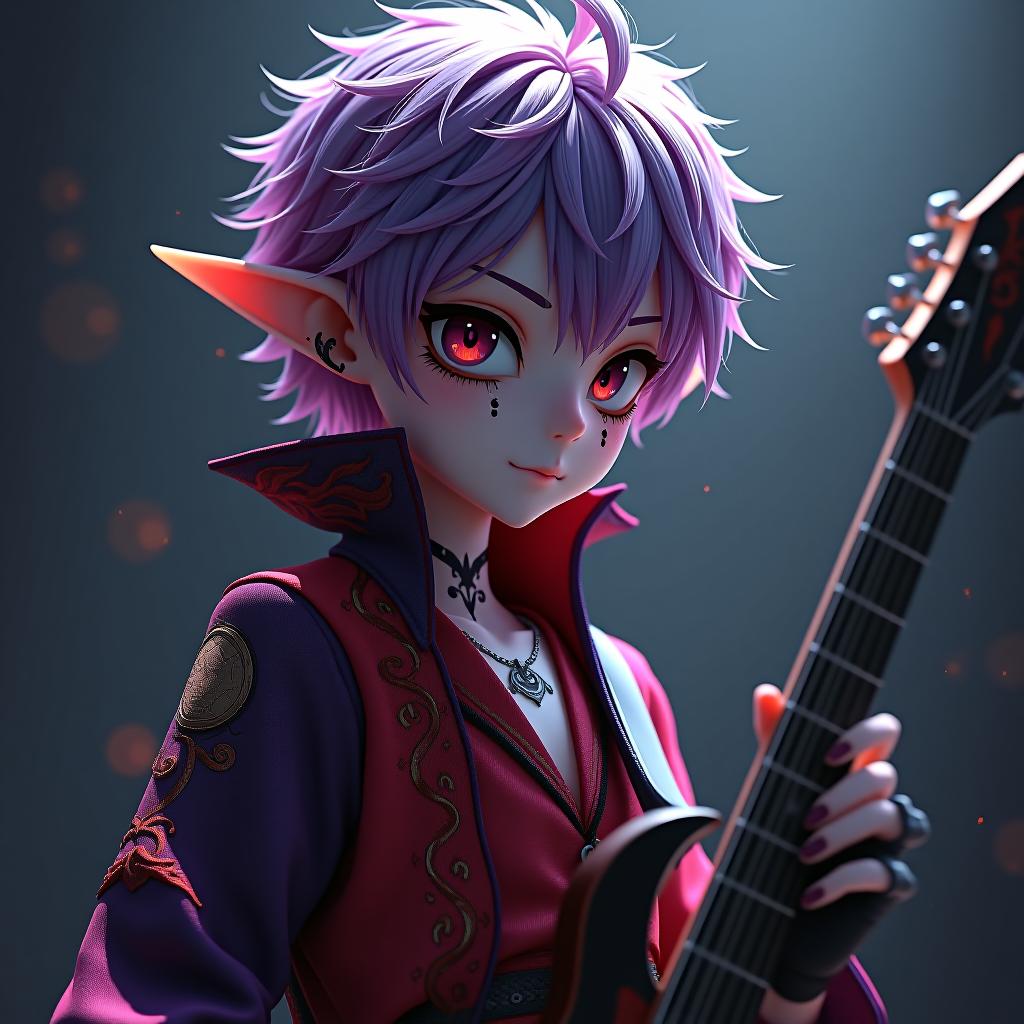  kawaii style a dark elf rocker with a guitar in both hands with a clawed glove on his right hand a man with his head pointed directly at the camera as well as his gaze marble white skin, purple hair with a scarlet tint, lavender eyes with a red glow, dressed in a red purple shirt embroidered with red gold, over a shirt he wears a semi jacket with a dark scarlet snake skin trim, a disheveled hair style hairstyle. there is an earring in the right ear made in the shape of a crescent with teeth on the inside. the tattoo in the form of a crescent with a jagged inner side is applied from the left temple to the left cheekbone, skirting the left eye socket, the crescent is turned to the eye with a jagged inner side. the body looks towards the hyperrealistic, full body, detailed clothing, highly detailed, cinematic lighting, stunningly beautiful, intricate, sharp focus, f/1. 8, 85mm, (centered image composition), (professionally color graded), ((bright soft diffused light)), volumetric fog, trending on instagram, trending on tumblr, HDR 4K, 8K