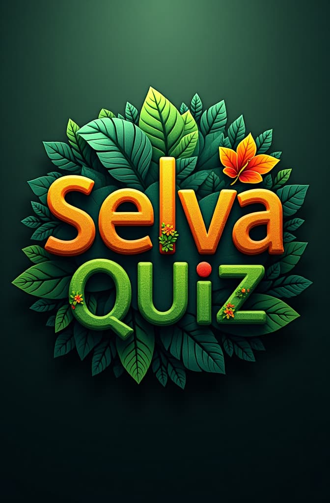  um logotipo onde o nome "selva quiz" está em uma fonte divertida e orgânica, com um fundo que lembra uma floresta tropical. o “s” de “selva” poderia se entrelaçar com uma liana ou ser envolvido por folhas, enquanto um ícone de interrogação estilizado aparece no meio, talvez com detalhes que imitam a textura de um tronco de árvore. hyperrealistic, full body, detailed clothing, highly detailed, cinematic lighting, stunningly beautiful, intricate, sharp focus, f/1. 8, 85mm, (centered image composition), (professionally color graded), ((bright soft diffused light)), volumetric fog, trending on instagram, trending on tumblr, HDR 4K, 8K