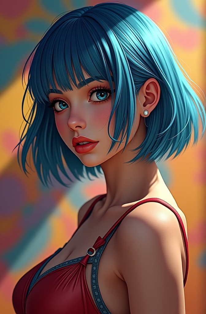  bulma, multicolored hair, colorful background, realistic shaded perfect face, fine details by realistic shaded lighting poster by ilya kuvshinov katsuhiro otomo, magali villeneuve, artgerm, jeremy lipkin and michael garmash and rob rey hyperrealistic, full body, detailed clothing, highly detailed, cinematic lighting, stunningly beautiful, intricate, sharp focus, f/1. 8, 85mm, (centered image composition), (professionally color graded), ((bright soft diffused light)), volumetric fog, trending on instagram, trending on tumblr, HDR 4K, 8K