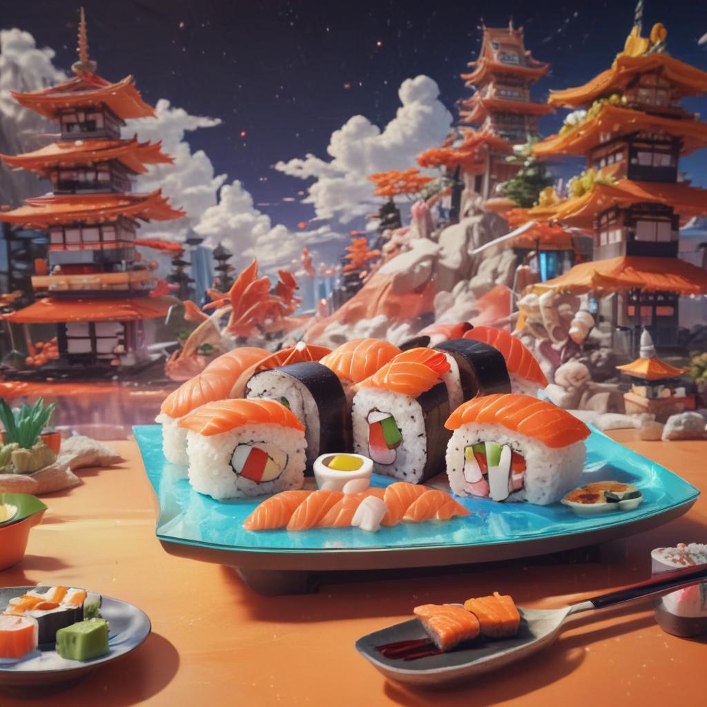 distance-shot, flashy, full-body, dynamic, holographic, animated cartoon poster of sushi scene in the style of dragon ball super