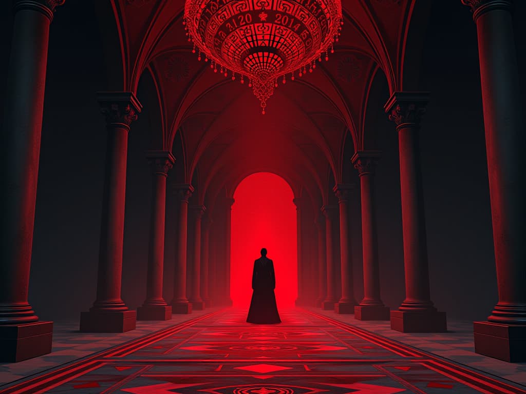  echoing empty red hall, adorned with faded glory, sense of lingering hollowness. the style is digital art illustration / modern comic book / graphic dark novel fantasy and mysterious occult, symbolic, moody lighting, esoteric vibe,high detail on character design. for the color scheme emphasize blacks and reds.