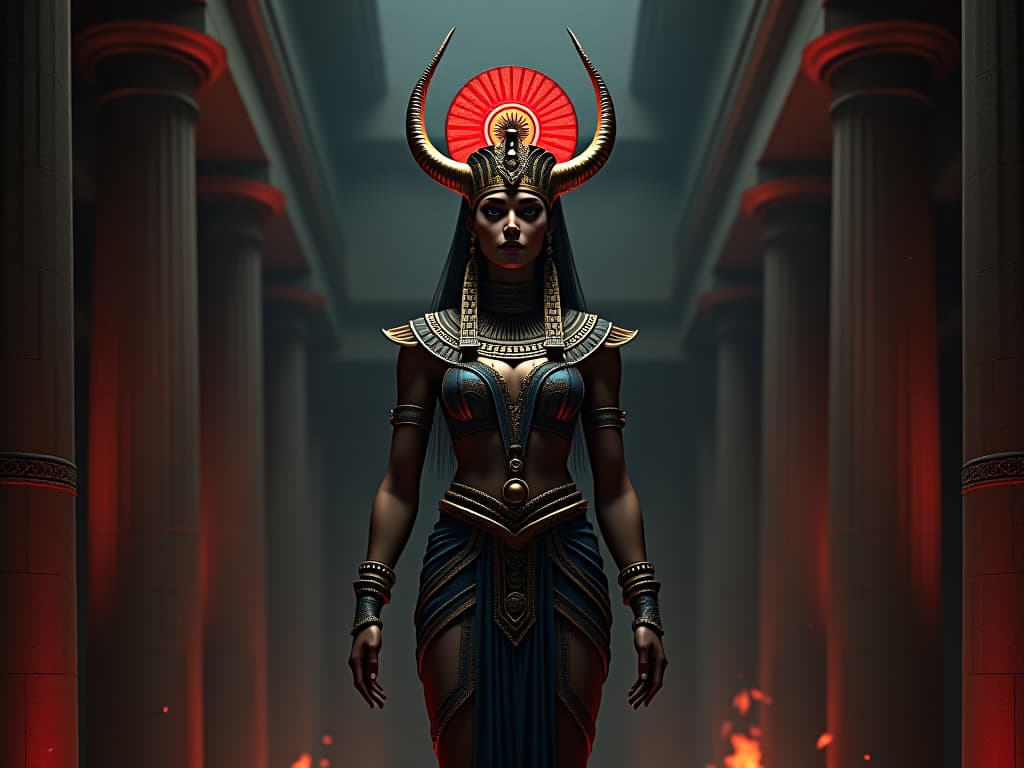  ancient egyptian goddess isis, regal and majestic, elaborate headpiece with solar disc and horns, standing in an ancient temple, mystical, reverent presence. the style is dark fantasy and mysterious occult, symbolic, moody lighting, esoteric vibe,high detail on character design. for the color scheme emphasize blacks and reds.