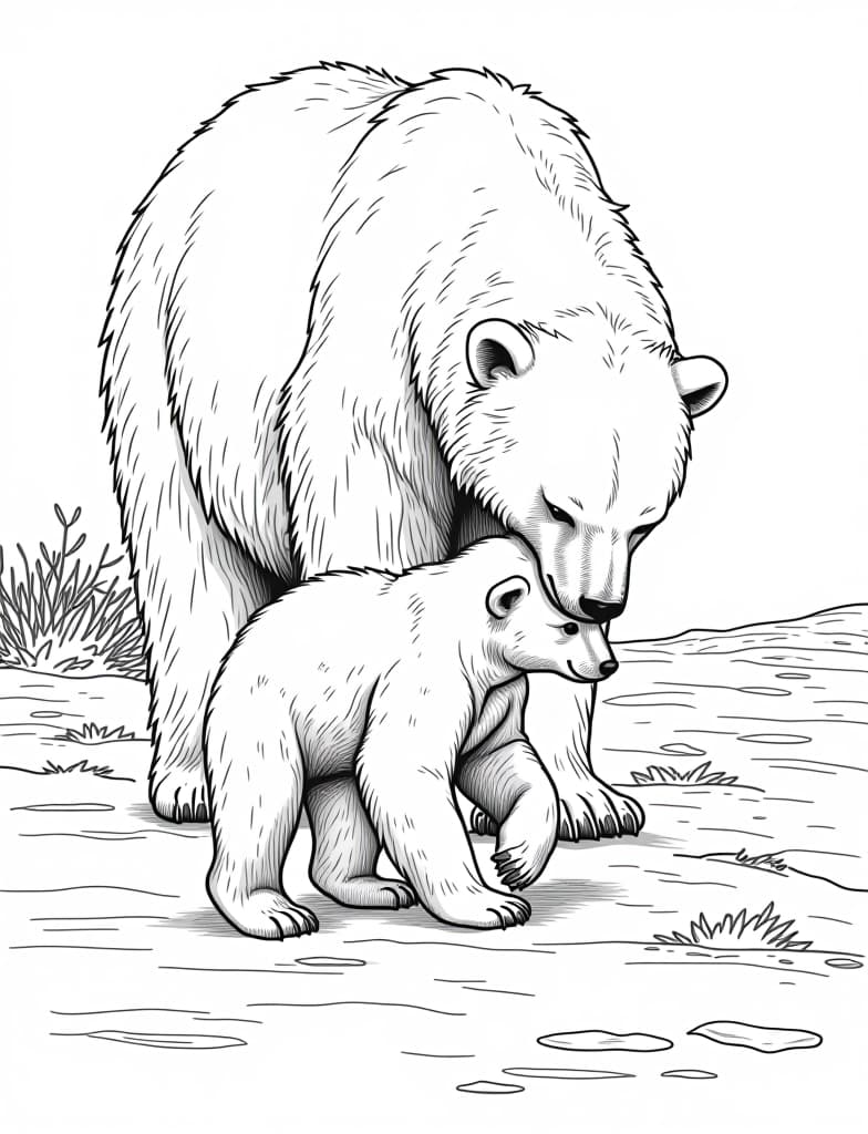  this is for an adult coloring page. a detailed black and white line art of a snowy polar bear cub playing in the snow near its mother on a solid white background.