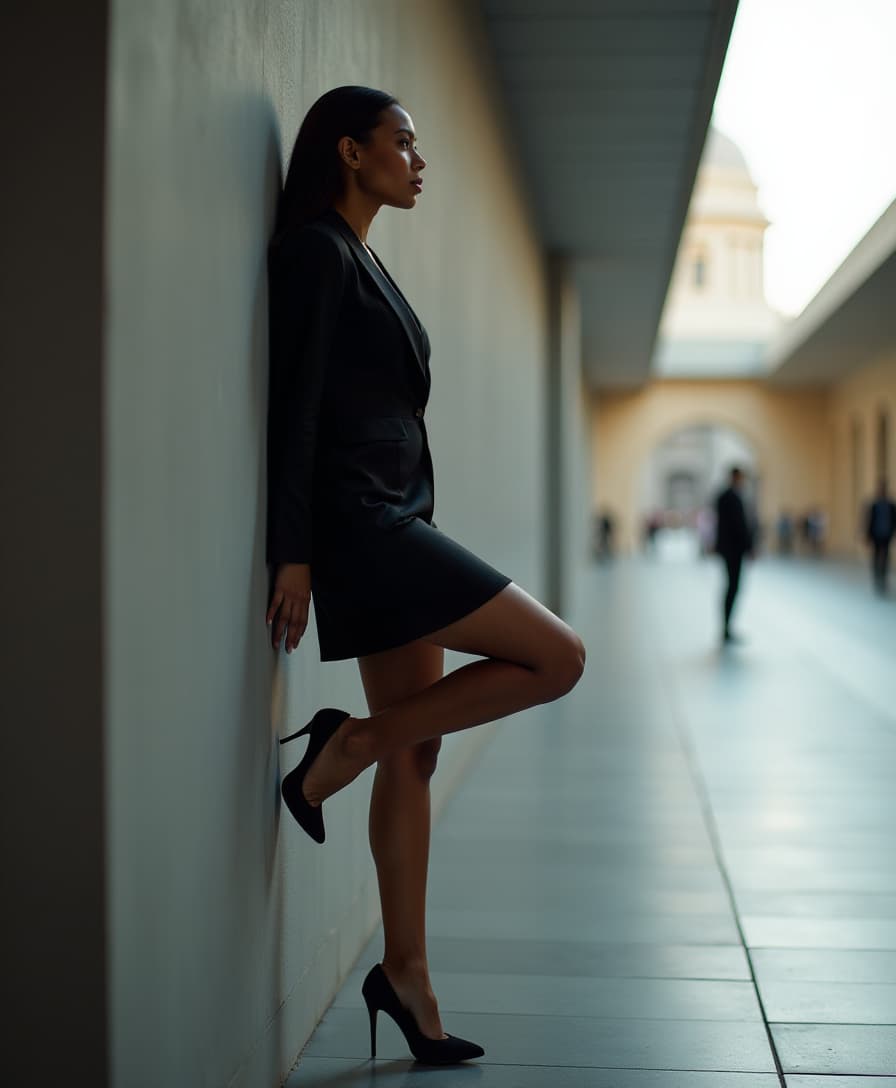  cinematic photo black woman leans the wall with one high up leg and thinking. she wears in a business dress and heels. full body, side view, realistic photo. . 35mm photograph, film, bokeh, professional, 4k, highly detailed