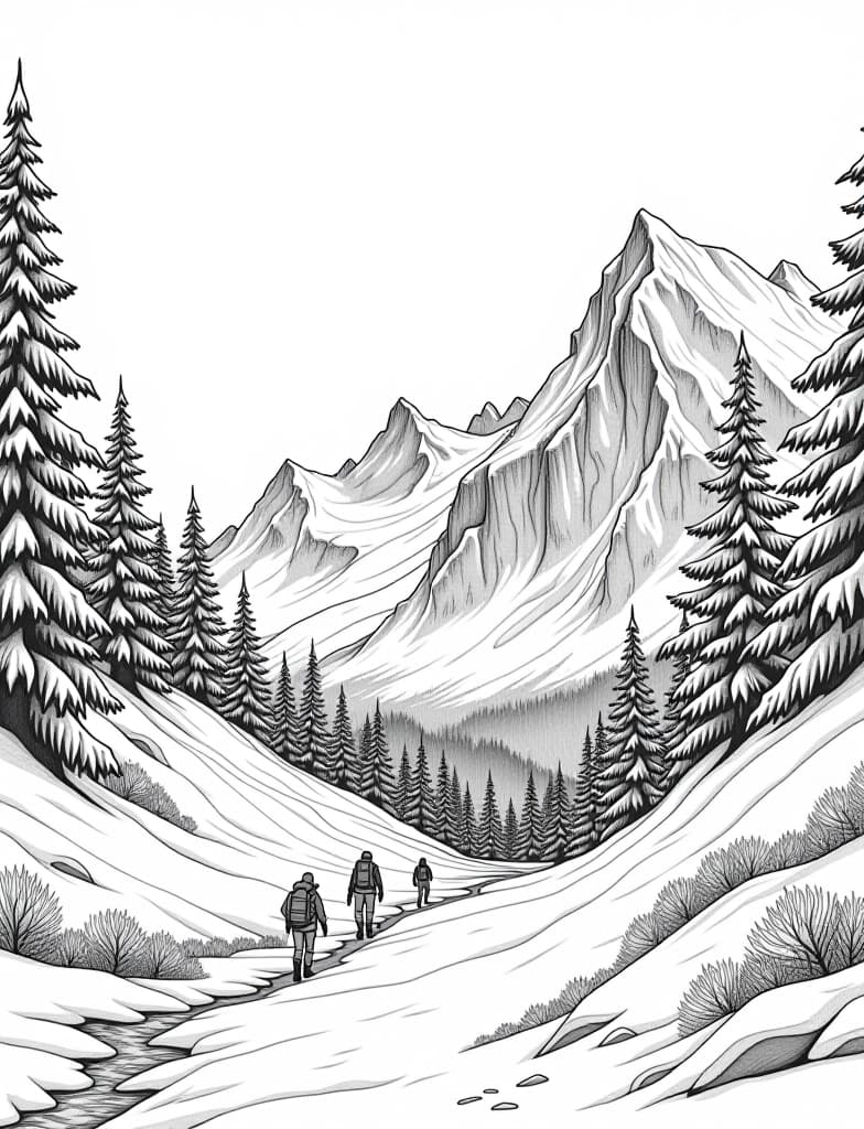  this is for an adult coloring page. a detailed black and white line art of a snowy snow covered valley with a group of hikers walking on a solid white background.