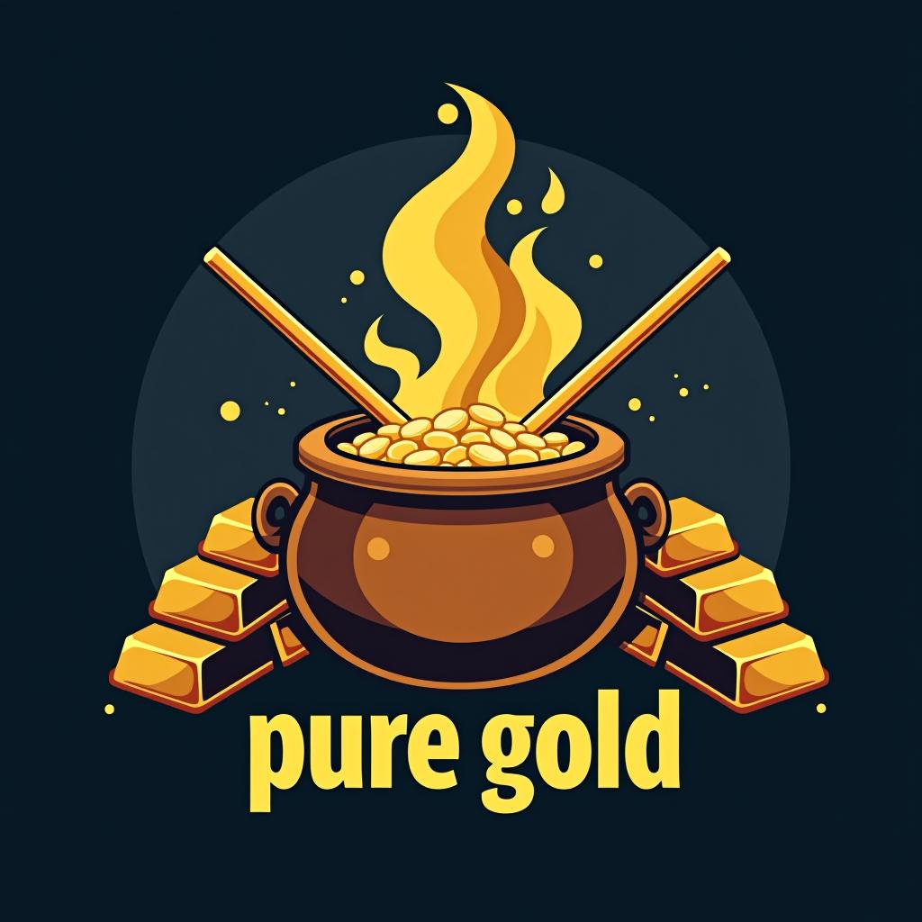  design a logo, pot of gold, hockey, gold bars, with the text 'pure gold'.