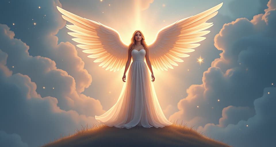  a serene angel with translucent wings standing on a celestial island. her expression serene yet enlightened, surrounded by cosmic light, reflecting a divine revelation, ethereal serenity.. the style is digital art illustration,highly detailed, whimsical,magical, dreamlike atmosphere, realism and fantasy blend, smooth, glossy textures,luminous quality, wonder and enchantment.