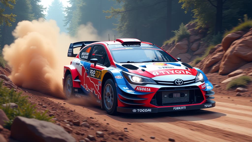  prompt: create an ultra realistic and detailed image showcasing the dynamic world of rally1 cars in the world rally championship. include toyota, hyundai, and m sport logos on the cars to represent the teams' desire for stability in regulations. capture the essence of the fia's u turn decision to allow hybrid drive until 2026, emphasizing the significance of involving teams in sport regulation. show a colorful and light filled scene at a rally event, with cars in motion executing a dramatic u tu