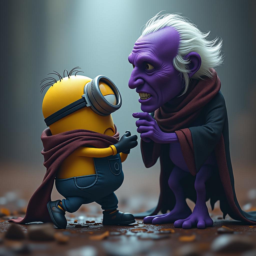  hyperrealistic art old minion fight with old purple minion . extremely high resolution details, photographic, realism pushed to extreme, fine texture, incredibly lifelike hyperrealistic, full body, detailed clothing, highly detailed, cinematic lighting, stunningly beautiful, intricate, sharp focus, f/1. 8, 85mm, (centered image composition), (professionally color graded), ((bright soft diffused light)), volumetric fog, trending on instagram, trending on tumblr, HDR 4K, 8K