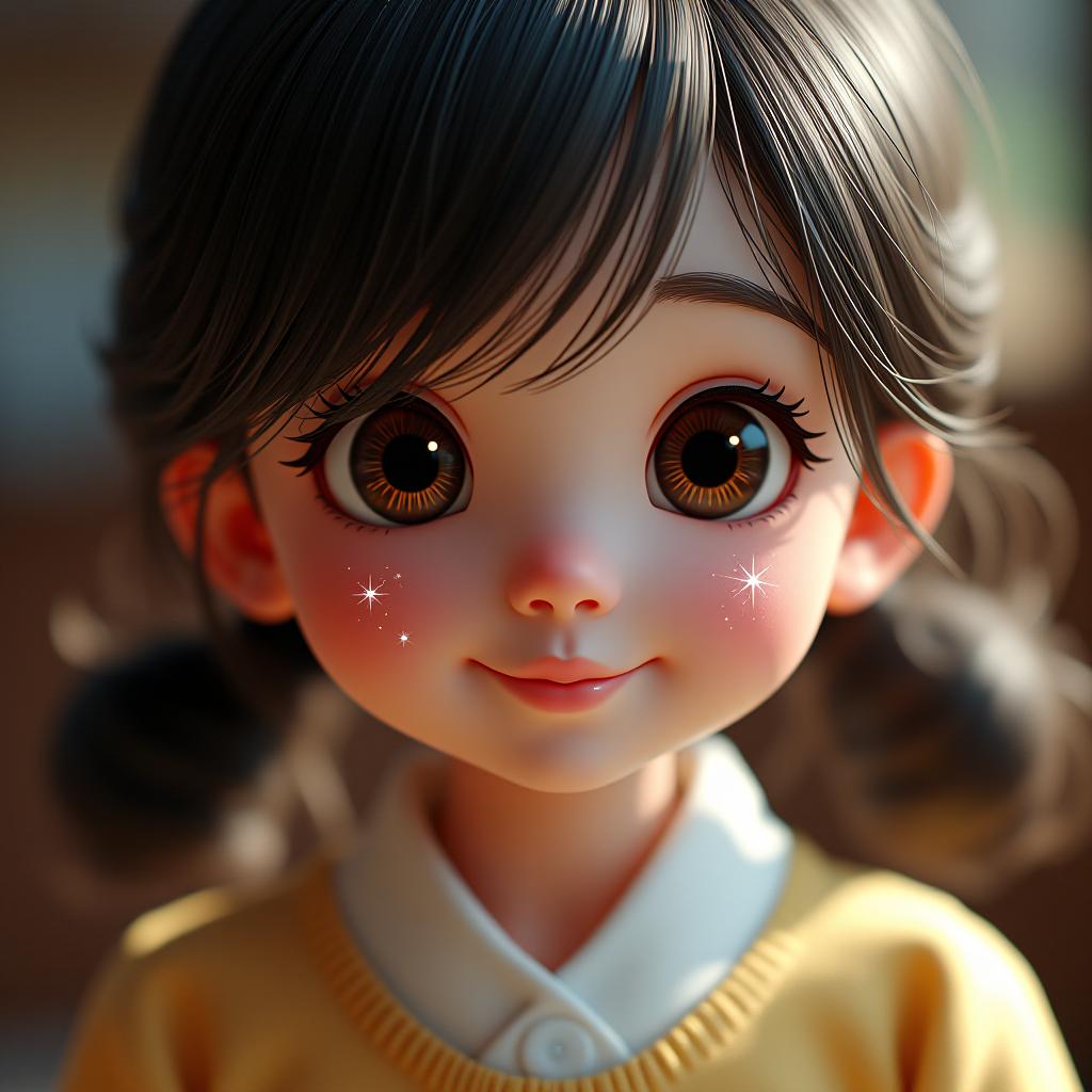  her face is small and oval shaped, with a bright complexion that gives her a clean and clear appearance. her cheeks are slightly chubby, adding to the overall harmony of her face and enhancing her cute impression. she has large, round eyes that sparkle, giving the impression of stars shining within them. her eyelids have a natural double fold, and her eyelashes are long and thick, making her eyes stand out even more. her nose is small and slightly upturned, with a rounded tip that adds to her cute image. her lips are small and plump, with a natural pink hue that gives her a lively look. the corners of her mouth are slightly upturned, making her smile appear very charming. her hair is black or dark brown, soft, and shiny, typically styled  hyperrealistic, full body, detailed clothing, highly detailed, cinematic lighting, stunningly beautiful, intricate, sharp focus, f/1. 8, 85mm, (centered image composition), (professionally color graded), ((bright soft diffused light)), volumetric fog, trending on instagram, trending on tumblr, HDR 4K, 8K