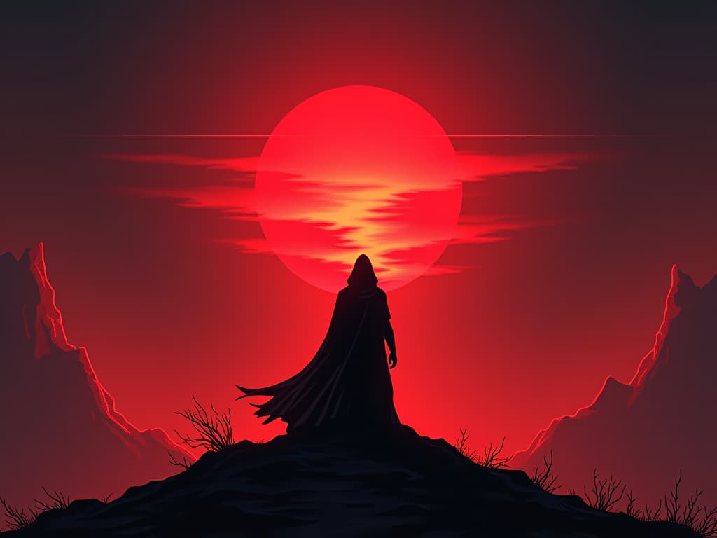  unyielding figure facing the sunrise, with shadows of past behind, air of new beginnings. the style is digital art illustration / modern comic book / graphic dark novel fantasy and mysterious occult, symbolic, moody lighting, esoteric vibe,high detail on character design. for the color scheme emphasize blacks and reds.