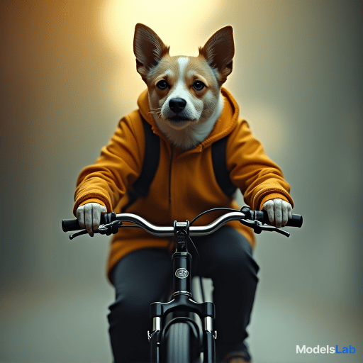  a dog riding a bike hyperrealistic, full body, detailed clothing, highly detailed, cinematic lighting, stunningly beautiful, intricate, sharp focus, f/1. 8, 85mm, (centered image composition), (professionally color graded), ((bright soft diffused light)), volumetric fog, trending on instagram, trending on tumblr, HDR 4K, 8K