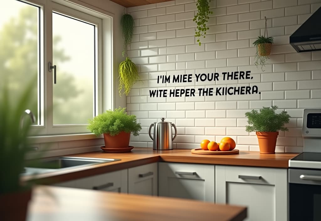  a landscape photo of a bright, airy kitchen with large windows, potted herbs, and inspirational quote decals strategically placed on white subway tile backsplash hyperrealistic, full body, detailed clothing, highly detailed, cinematic lighting, stunningly beautiful, intricate, sharp focus, f/1. 8, 85mm, (centered image composition), (professionally color graded), ((bright soft diffused light)), volumetric fog, trending on instagram, trending on tumblr, HDR 4K, 8K