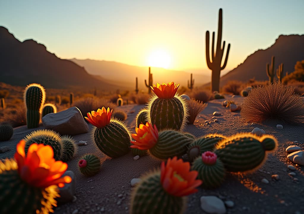  a serene desert landscape showcasing various cacti in bloom, their vibrant flowers contrasting against rugged terrain, with a golden sunset illuminating the scene, symbolizing resilience and inner strength amidst harsh surroundings. hyperrealistic, full body, detailed clothing, highly detailed, cinematic lighting, stunningly beautiful, intricate, sharp focus, f/1. 8, 85mm, (centered image composition), (professionally color graded), ((bright soft diffused light)), volumetric fog, trending on instagram, trending on tumblr, HDR 4K, 8K