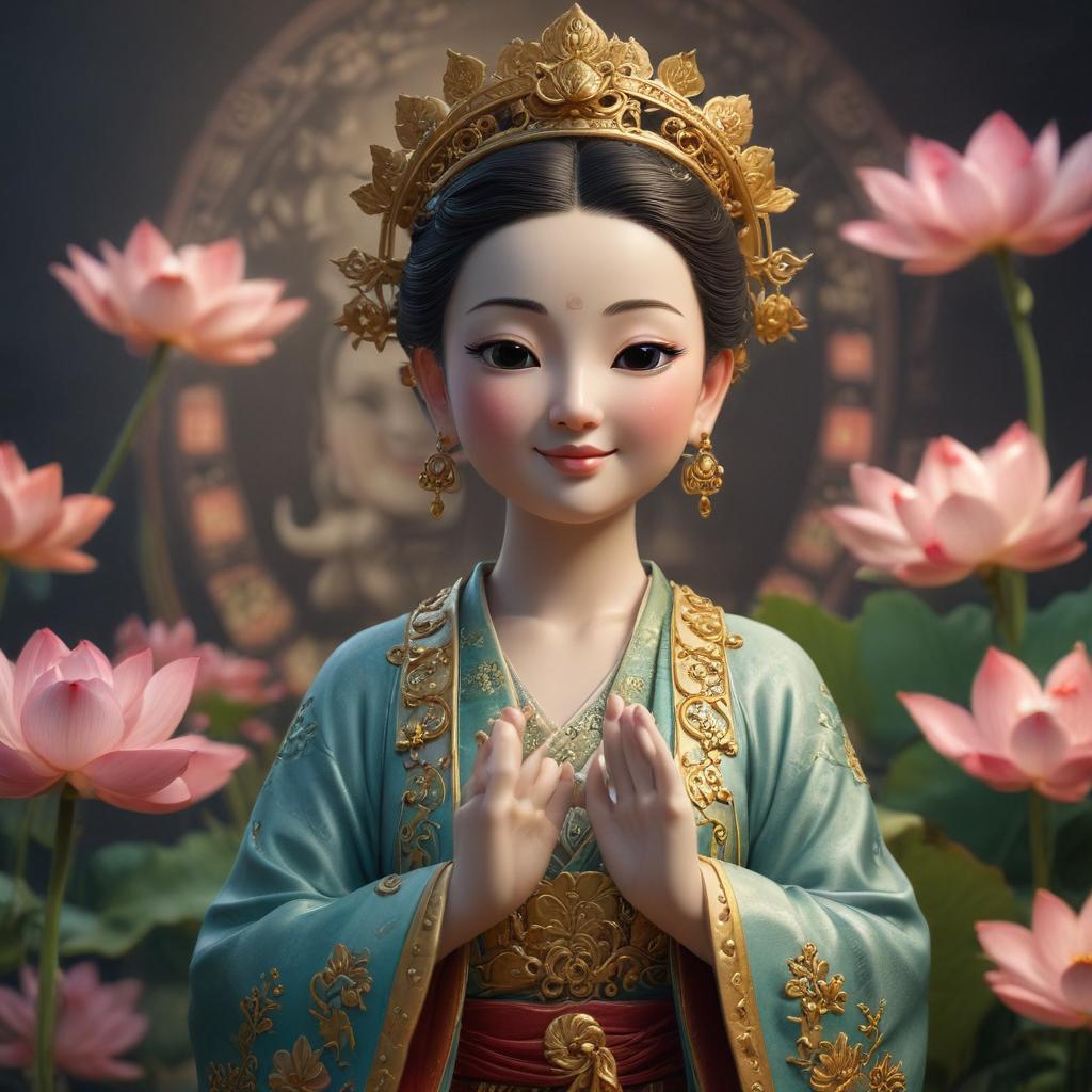 ((masterpiece)),(((best quality))), 8k, high detailed, ultra detailed, A cute cartoon Guanyin, (lotus flowers surrounding her), (gentle smile), (peaceful expression), (traditional Chinese attire with intricate patterns) hyperrealistic, full body, detailed clothing, highly detailed, cinematic lighting, stunningly beautiful, intricate, sharp focus, f/1. 8, 85mm, (centered image composition), (professionally color graded), ((bright soft diffused light)), volumetric fog, trending on instagram, trending on tumblr, HDR 4K, 8K