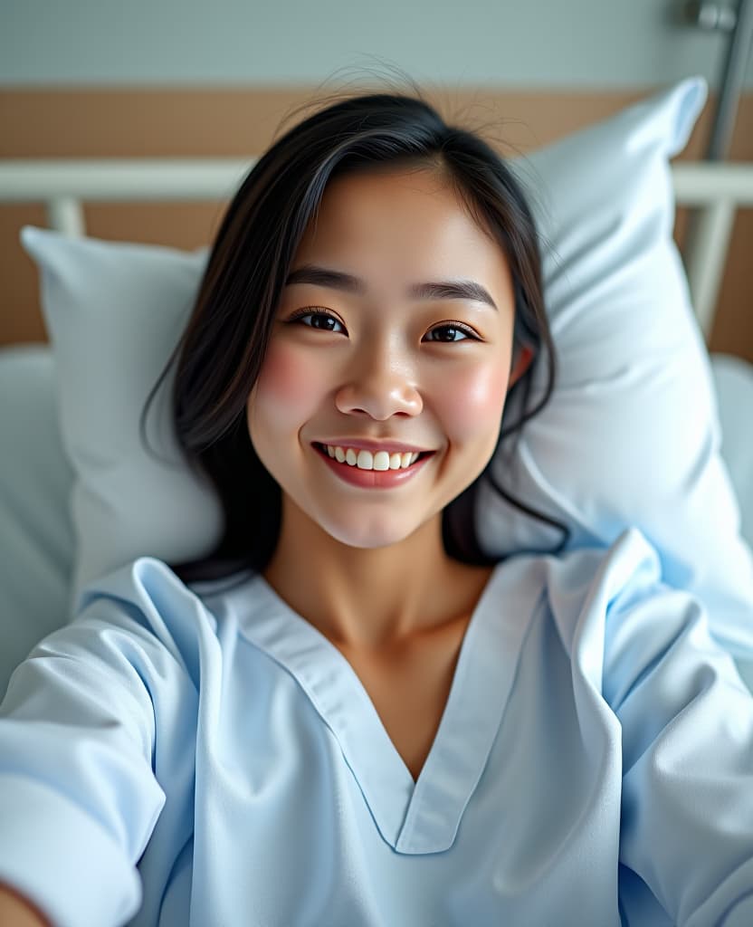  selfie photo, closeup, young asian american wearing a hospital gown sitting up in hospital bed