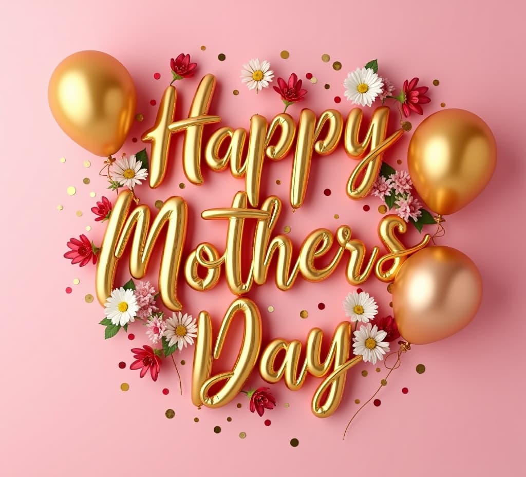  happy mother's day text with golden balloons, floral and confetti on a soft pink background