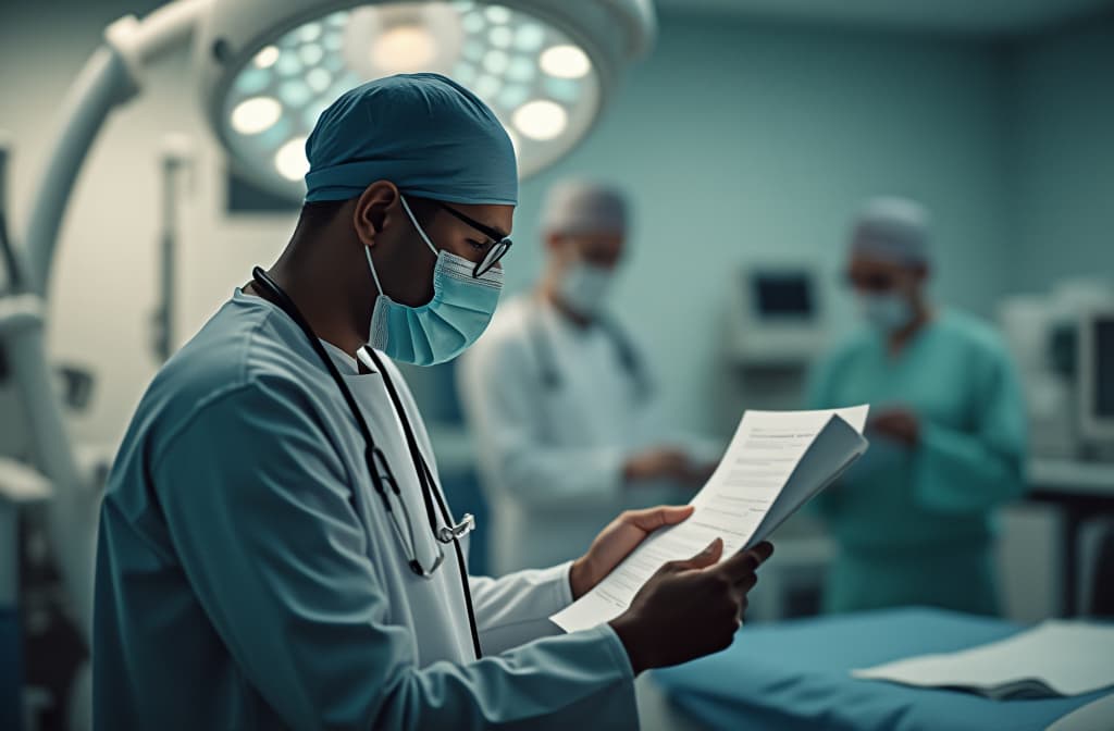  professional detailed photography, side view of surgeon reading medical reports in hospital ar 3:2, (muted colors, dim colors, soothing tones), (vsco:0.3)