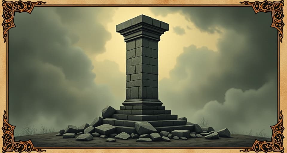  cracked stone pillar, still standing strong, crumbling pieces around it, enduring, transformation. an illustration in the style of a worn, mystical old tarot trump card, mysterious and elements of surrealism. the colors are muted, somber and eerie, but with contrast bring out an occult and esoteric vibe.