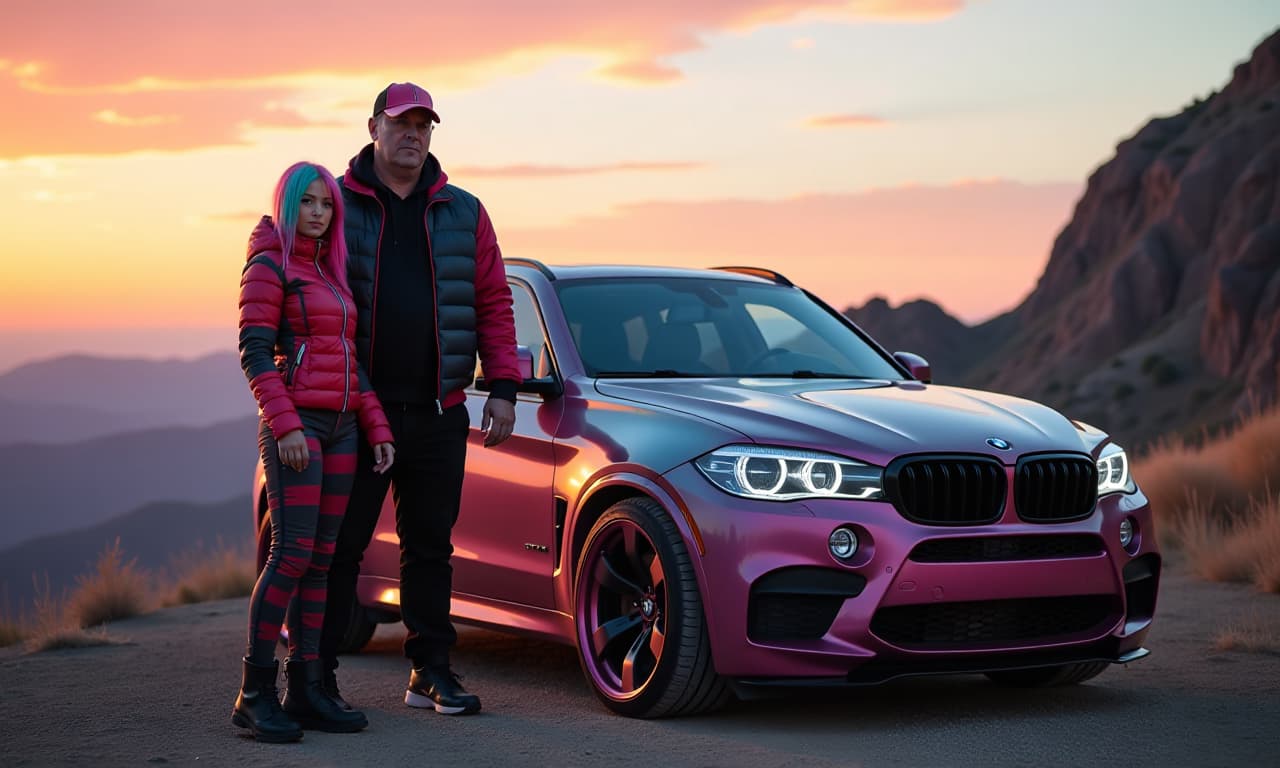  photo of the avatar, the top of the mountain, the sunset. a large man of 40 years, with a belly, bald, in a baseball cap, in a tracksuit and a tall girl of 30 years with pink blue hair in a colorful leather suit stand next to a powerful sports suv bmw, which is painted and tuned in the style of cyberpunk, look at the camera, front view, close up, clear facial features