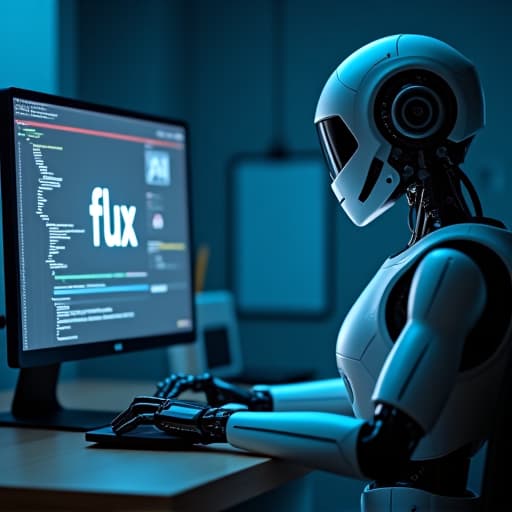  a robot typing on a desktop computer and on the computer screen says the text: 'flux picasso ia' hyperrealistic, full body, detailed clothing, highly detailed, cinematic lighting, stunningly beautiful, intricate, sharp focus, f/1. 8, 85mm, (centered image composition), (professionally color graded), ((bright soft diffused light)), volumetric fog, trending on instagram, trending on tumblr, HDR 4K, 8K