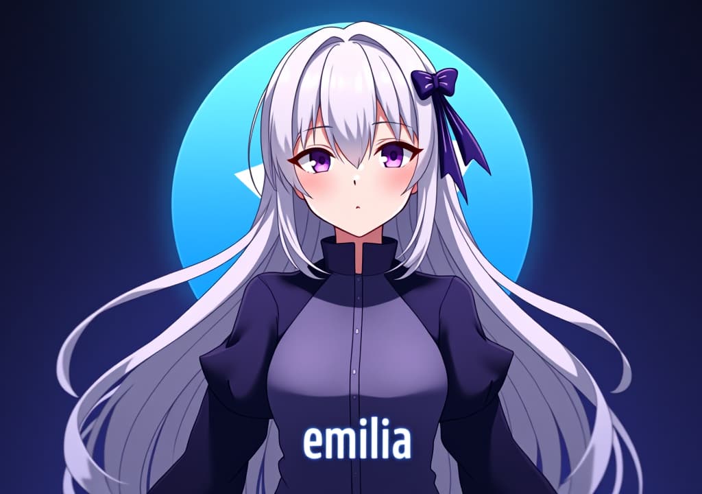  good quality, high quality, a poster style profile picture for a telegram group management bot featuring emilia from re:zero. emilia is depicted with her silver hair and purple eyes, standing confidently with a stylized telegram x icon behind her. the background blends telegram’s blue gradient with subtle purple hues. the text "no.1 telegram group management bot" in anime sytle font is prominently displayed at the bottom in bold, modern font, with a small "emilia" tag underneath, creating a sleek and professional look.